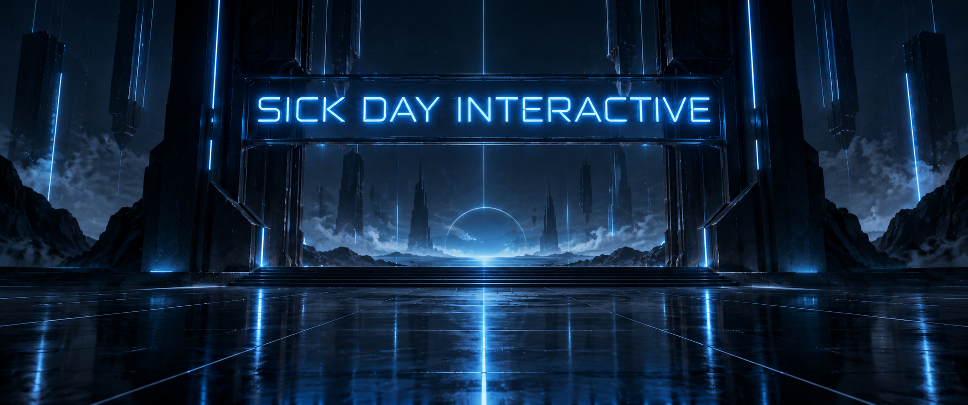 A luminous Sick Day Interactive sign above a vast blue digital threshold